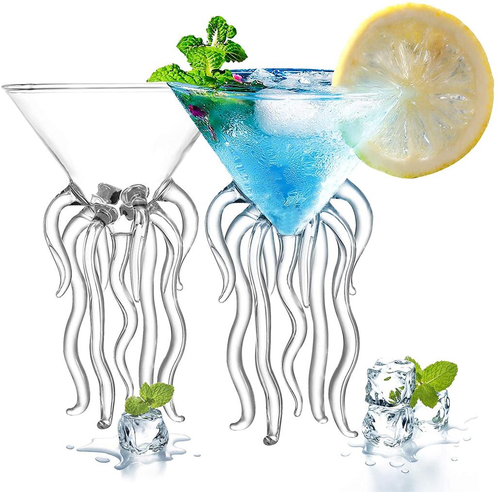 Octopus Cocktail Glass Set of 4,Transparent Martini Glass Creative Jellyfish Glass Cup Juice Glass Great for Whiskey/Margarita