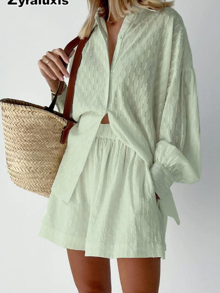 Spring/Summer Women's Lace Trim Bubble Sleeve Top Set with Shorts Casual Fashion Outfit