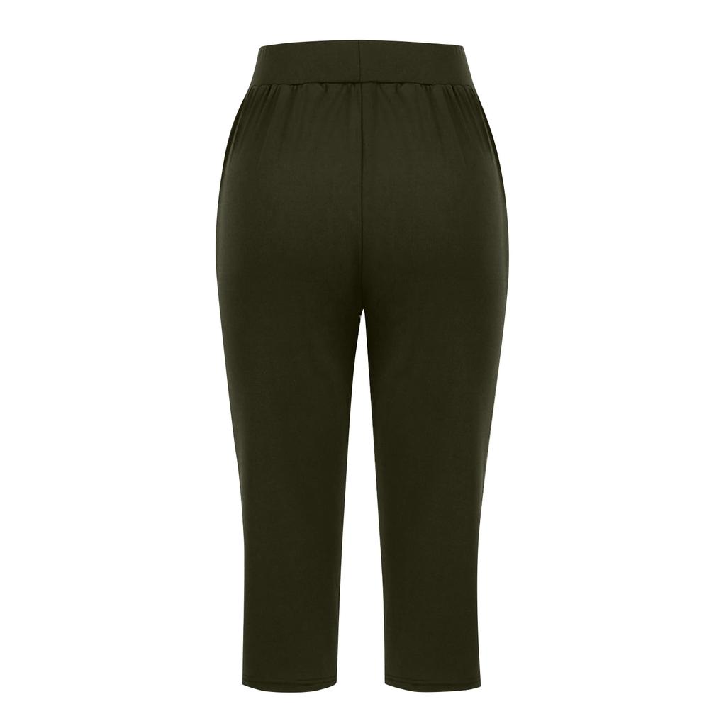 Women Elastic High Waist 3/4 Pant Casual Fit Wide Capris Leg Pants Trousers With Pockets