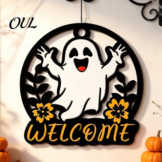 Autumn Seasonal Welcome Decor Halloween Ghost Pumpkin Round Wooden Door Hanger, Wall Plaque Handmade Holiday Gifts for Friends with Rope, Hanging