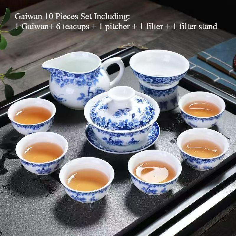 Chinese Kung Fu Tea Set, Blue and White Porcelain Teaware, Ceramic Teapot, Teacups and Filter Set, Household Tea Drinkware