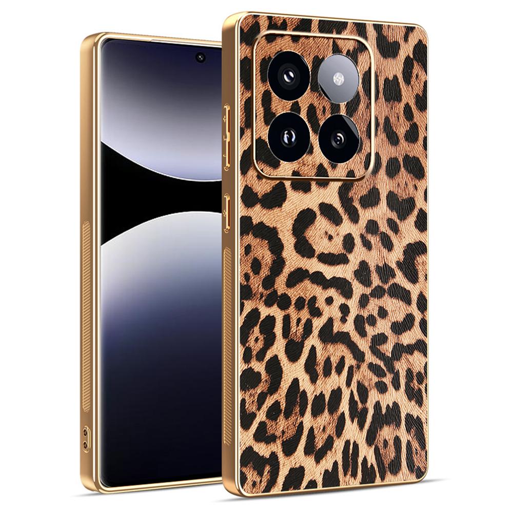 For Xiaomi 14 Pro Case Leopard Print PU Leather Coated PC+TPU Electroplating Phone Cover