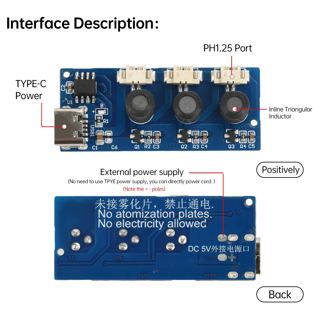Type C Dual Spray Three Spray Ultrasonic Atomizer Humidifier Module Mist Maker and Driver Circuit Board DC 5V 108-110KHz ± 5KHZ
