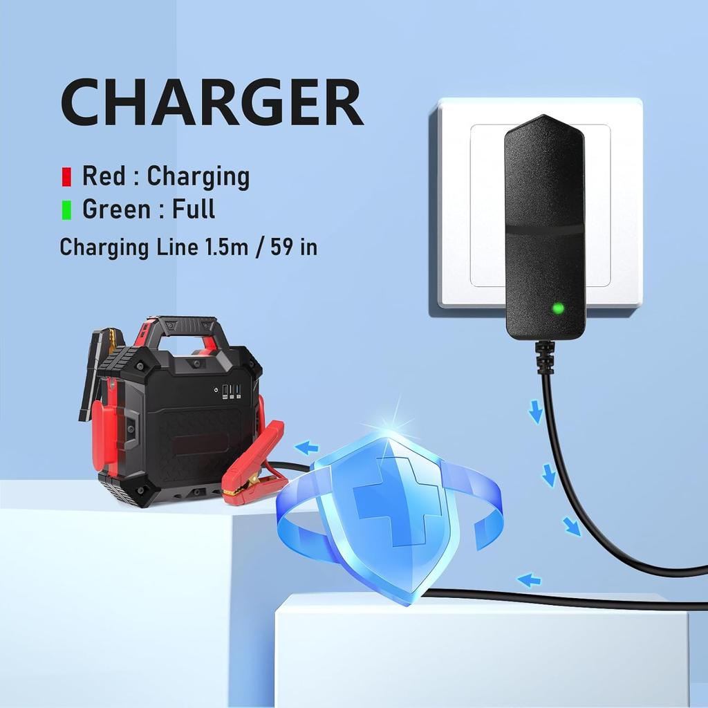 15V 1A~1.5A Adapter Charger Charging Cable Cord For Peak 450A 500A 600A 800A 1000A Auto Battery Booster Jump Starter, Compatible