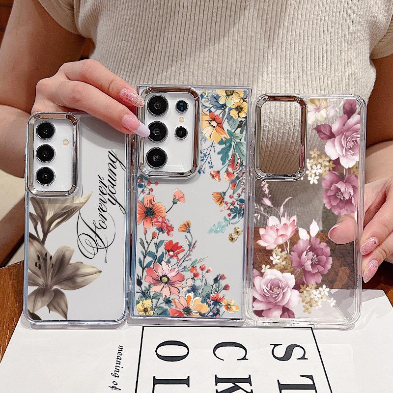 Luxury Flowers Print Case For Samsung S26 Ultra S25 FE S24 S23 Plus S22 S21 A15 A16 A17 A26 A35 A36 A37 A55 A56 A57 5G Plating Lens Clear Soft Cover
