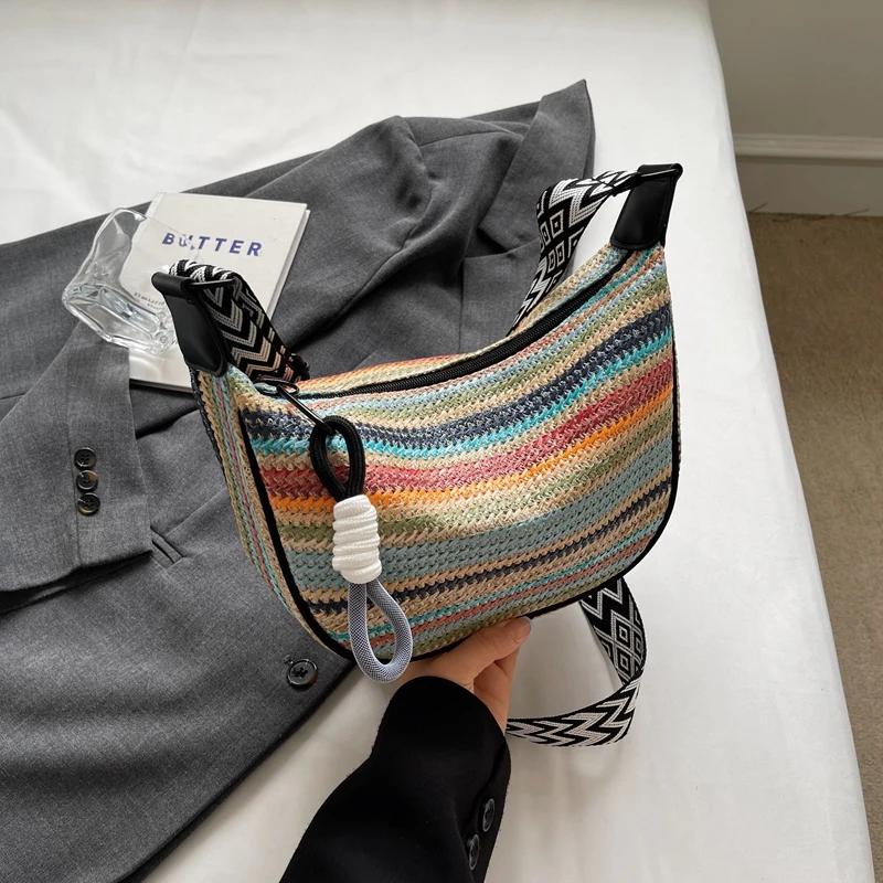

Женская радужная плетеная сумка через плечо с широким ремешком, элегантная сумка через плечо, летние сумки, новые