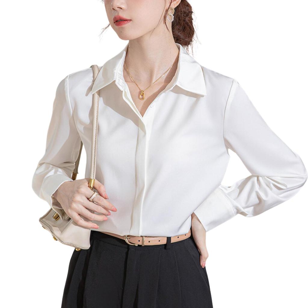 LASTOS Solid Long Sleeve Simple and Loose Fit for Size Women's Top/Blouse, Office/Commuting (White, L)