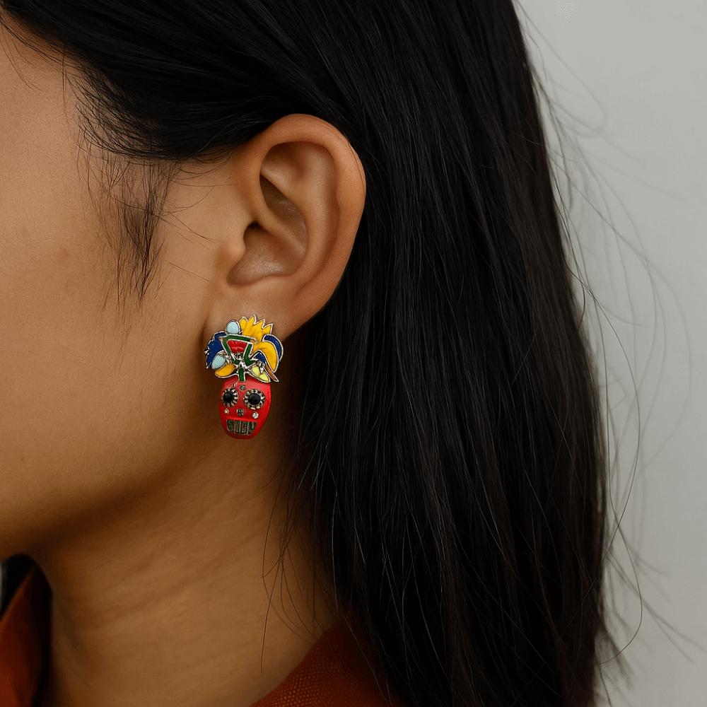 Flower Dripping Oil Skull Earrings Rhinestone Enamel Skeleton Stud Earrings Vintage Earring  Autumn