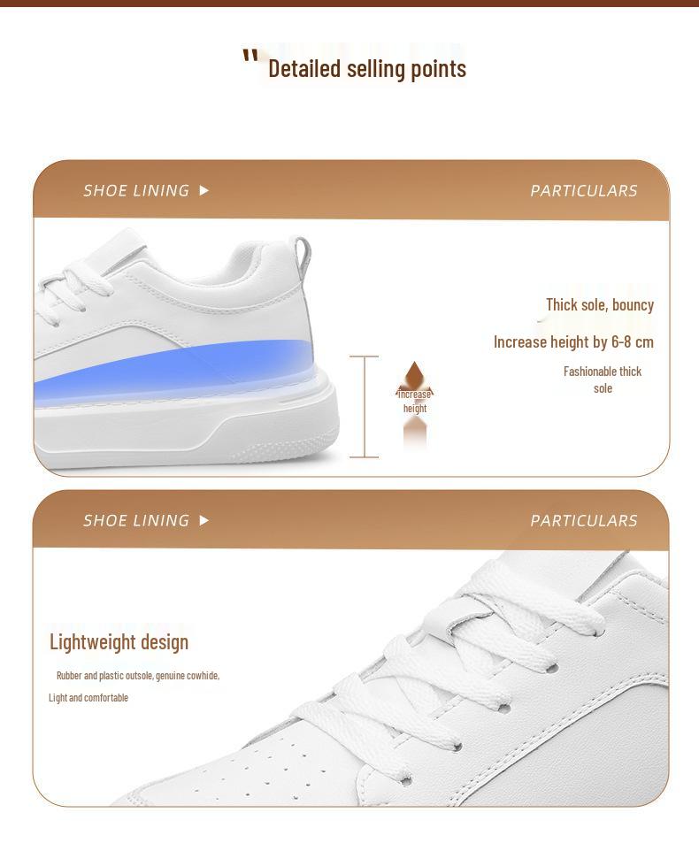 Men's Height-Boosting Low-Top Cowhide Sneakers - Thick Sole, Casual & Running Shoes (White)