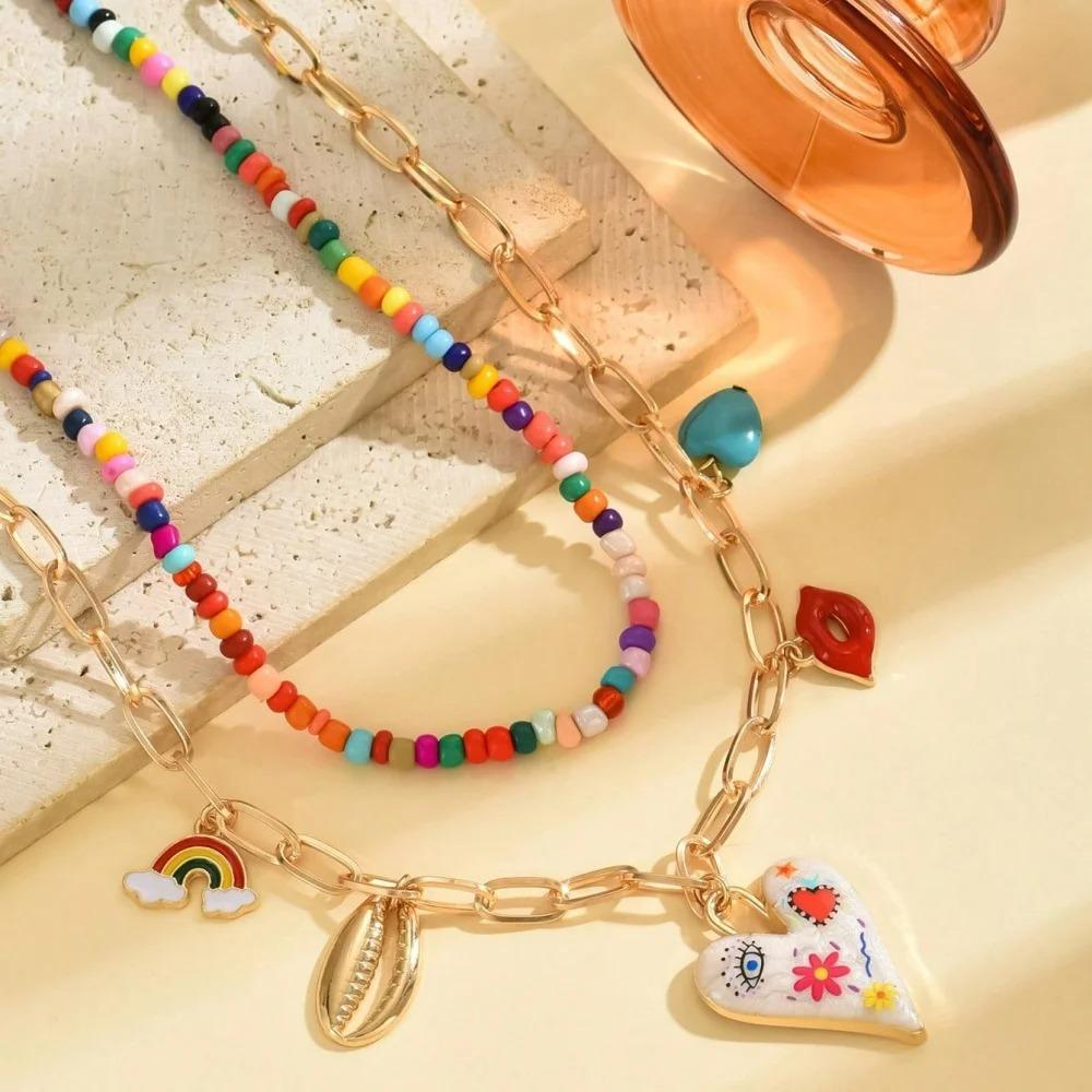 Bohemian Multilayer Handmade Beads Chain Necklaces Tassels Colorful Love Oil Drop Pendant Jewelry for Women Girl