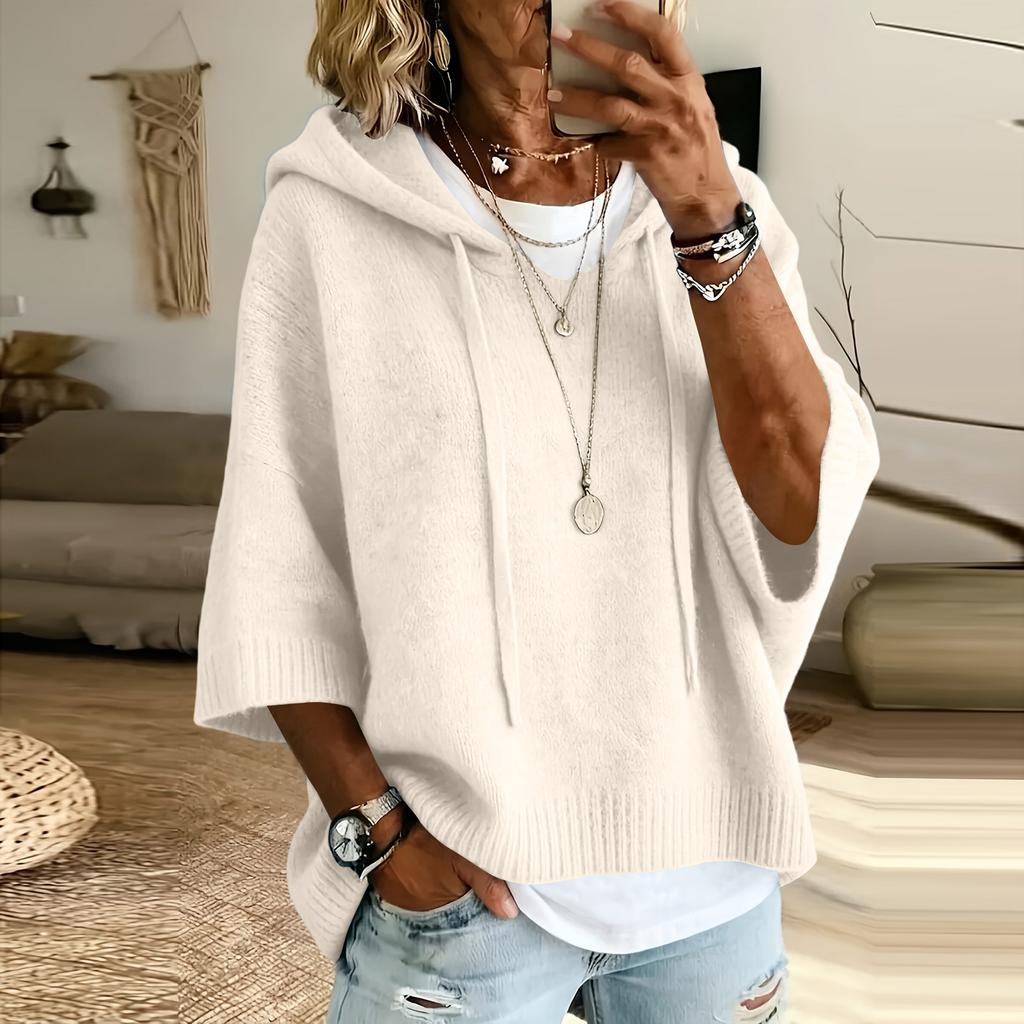 Women's Color Knitted Hooded Sweatshirt with Drawstring New Arrival
