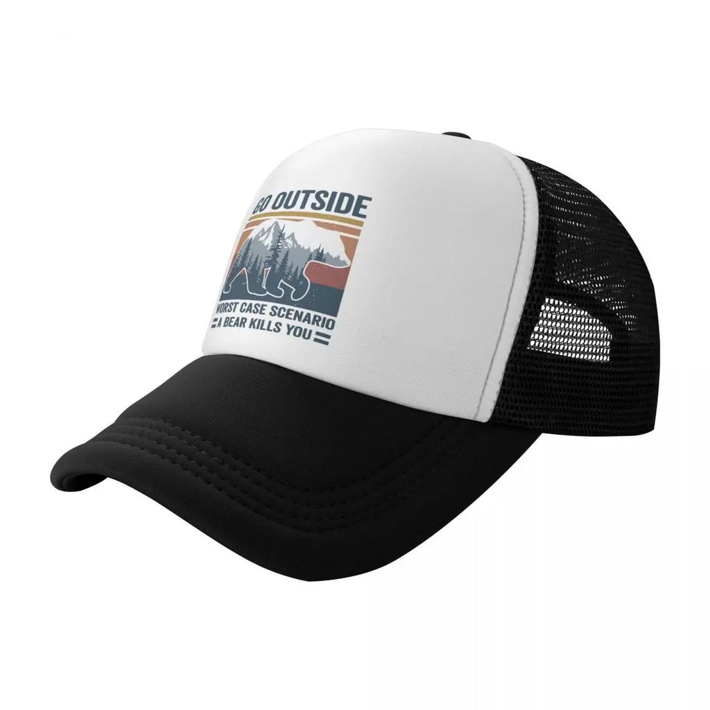 Custom Go Outside Worst Case Scenario A Bear Kills You Trucker Hat Adult Adjustable Baseball Cap Unisex Women Sports Dad Hat