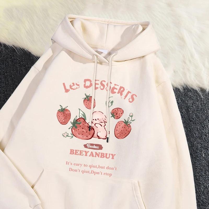 Strawberry Rabbit Print Hoodie Women Causal Kawaii Korean Style Fashion O-Neck Long Sleeve Pullover Autumn Winter Fleece Hoodie