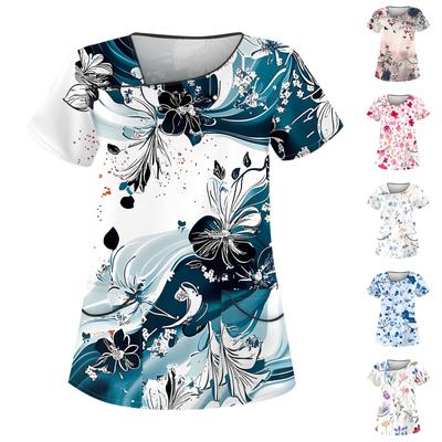 Women's Casual Print Short Sleeve Sloping Collar Workwear Top With Double Pockets