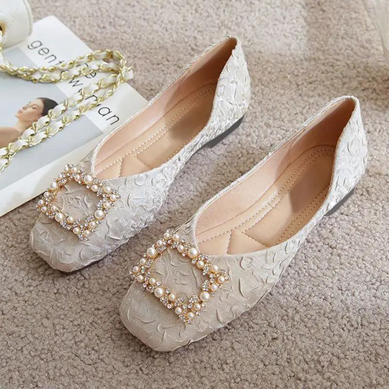 Fashion Ladies Footwear Pearl Low Heel Elegant Women's Flat Shoes Square Toe Korean Fashion High Quality Vintage Modest Stylish Chic Y2k
