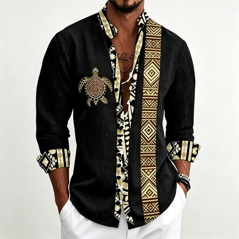 Men's Standing Collar Long Sleeved Shirt with Turtle Ethnic Geometric Pattern Printed Breathable Outdoor Casual Men's Top
