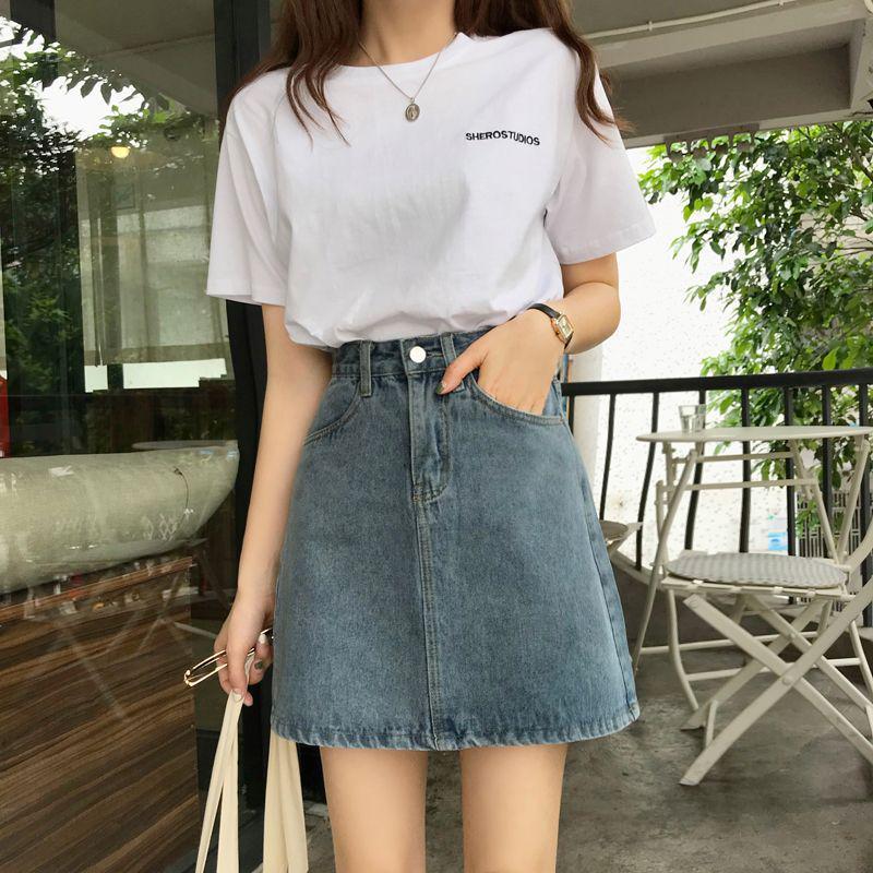 Korean Retro High-Waist Dark Blue Denim A-Line Skirt