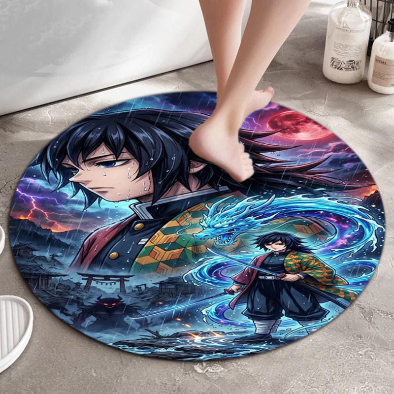 Classic Japanese-style Cartoon Demon Slayer Round Rug, Home Soft Decorative Anti-slip Yoga Mat and Chair Mat, Outdoor Floor Mat Carpet K27