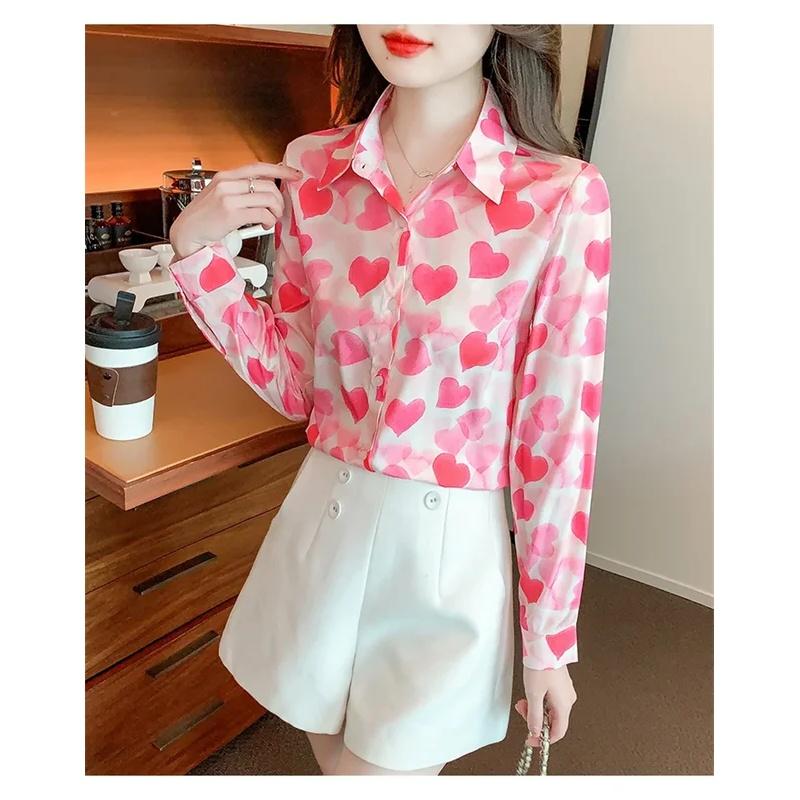 Women's Chiffon Shirts, Elegant Casual Work Tops, Adorable Long-sleeved Blouses with Love Heart Print.
