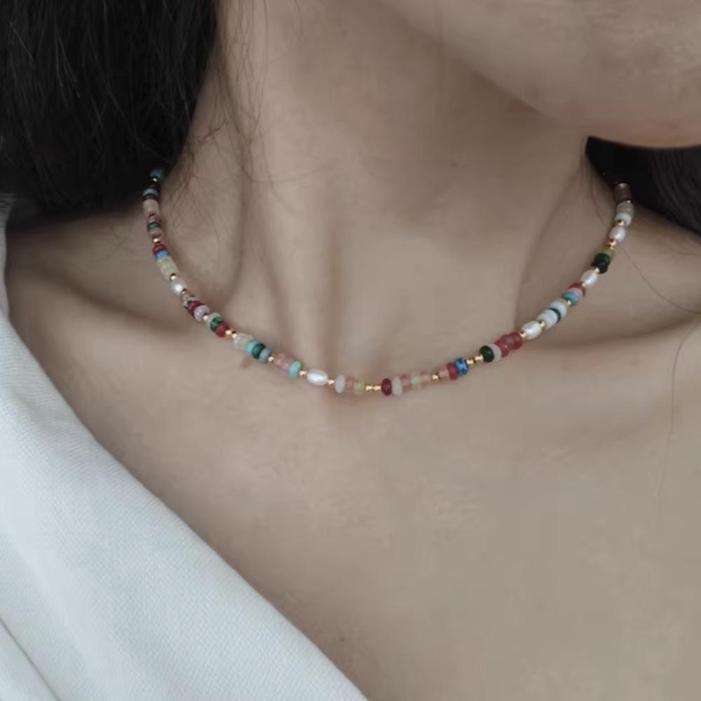 Beaded Gemstone Necklaces for Women Vibrant Summer Bohemian Choker Colorful Pearl Bib Necklace Stackable Lustrous Layers