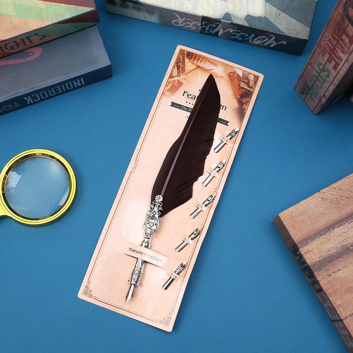 

Ретро перо, обмакнутое в воду, креативный подарок, канцелярские товары для одноклассников и учителей для подписи, перьевая ручка, подарок на день рождения 0.5mm темно-коричневого