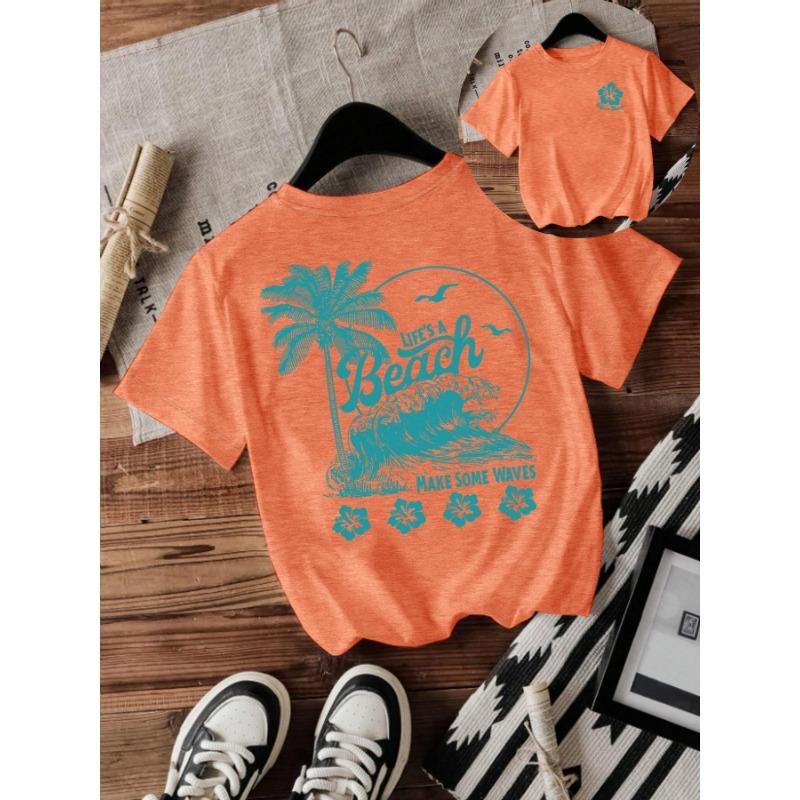 Modisches Rundhals-T-Shirt mit Strand- und Wellenprint und lockeren kurzen Ärmeln