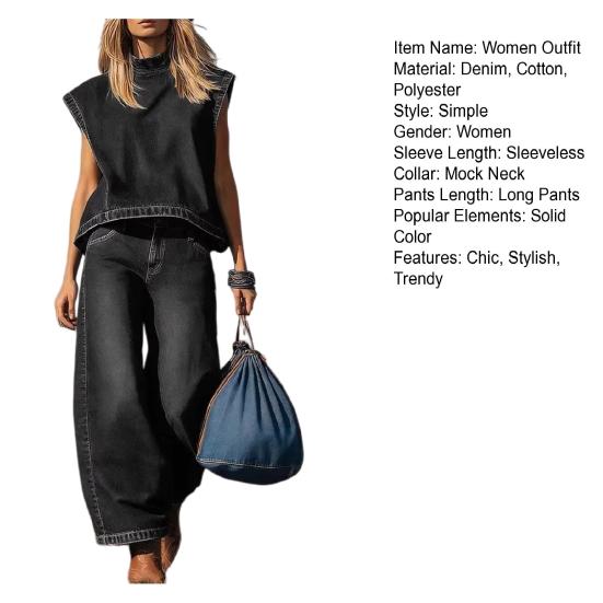 Summer 2 Piece Denim Set for Women Cap Sleeve Mock Neck Top And Wide Leg Pants Set Casual Loose Loungewear Outfit
