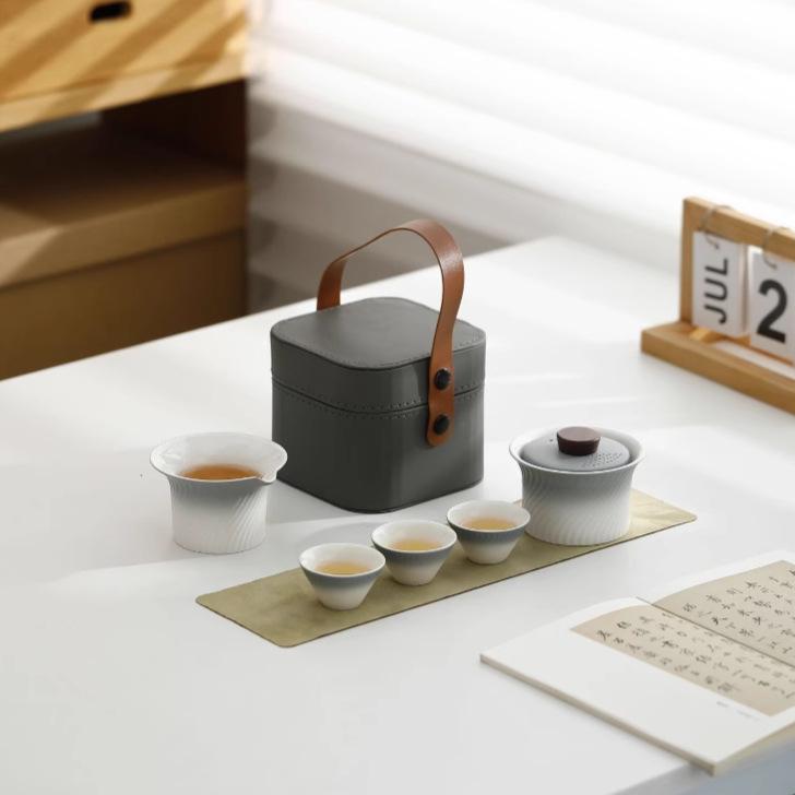 Outdoor Portable Ceramic Tea Set: One Pot, Three Cups, Gradient Grey Glaze for Travel and Business Trips