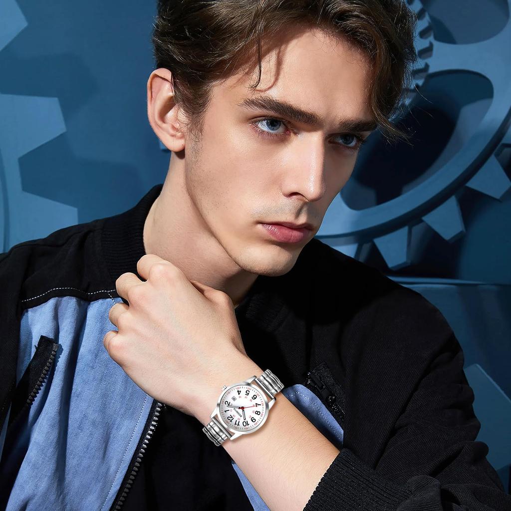 Herren 24-Stunden Wasserdichte Quarz-Armbanduhr mit Elastischem Armband, Edelstahl Analoganzeige, Kalender, Leicht Ablesbares Großes Display, Einheitsgröße Passt für die Meisten -