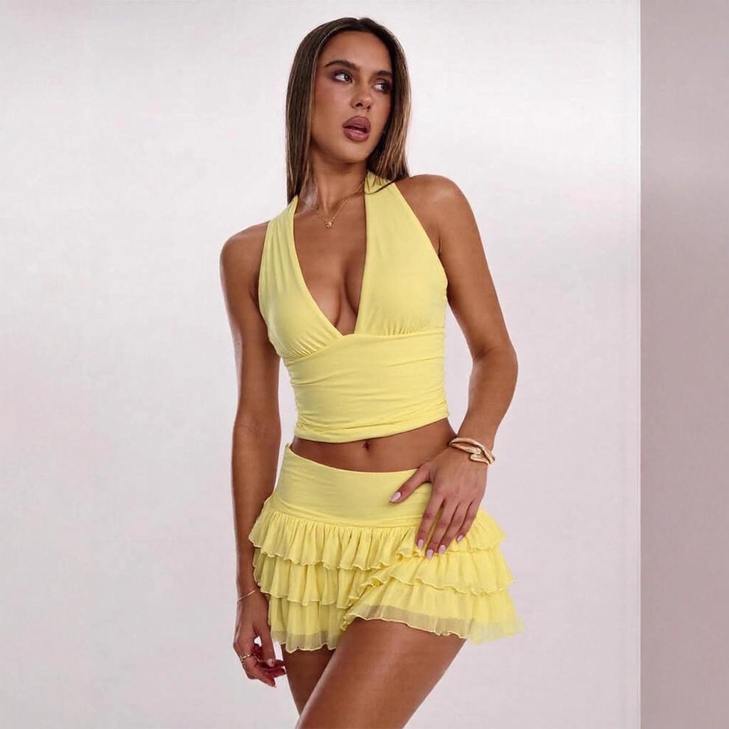 Europäisches Neckholder Bodycon Rock Set: Scharfes plissiertes V-Ausschnitt-Camisole-Kleid