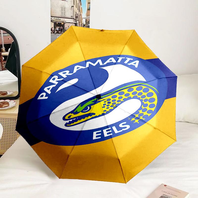 Parramatta Eels Team Crest Automatic Folding Umbrella - 8-Rib Travel Umbrella with Auto Portable Case, Ideal Gift for Birthdays