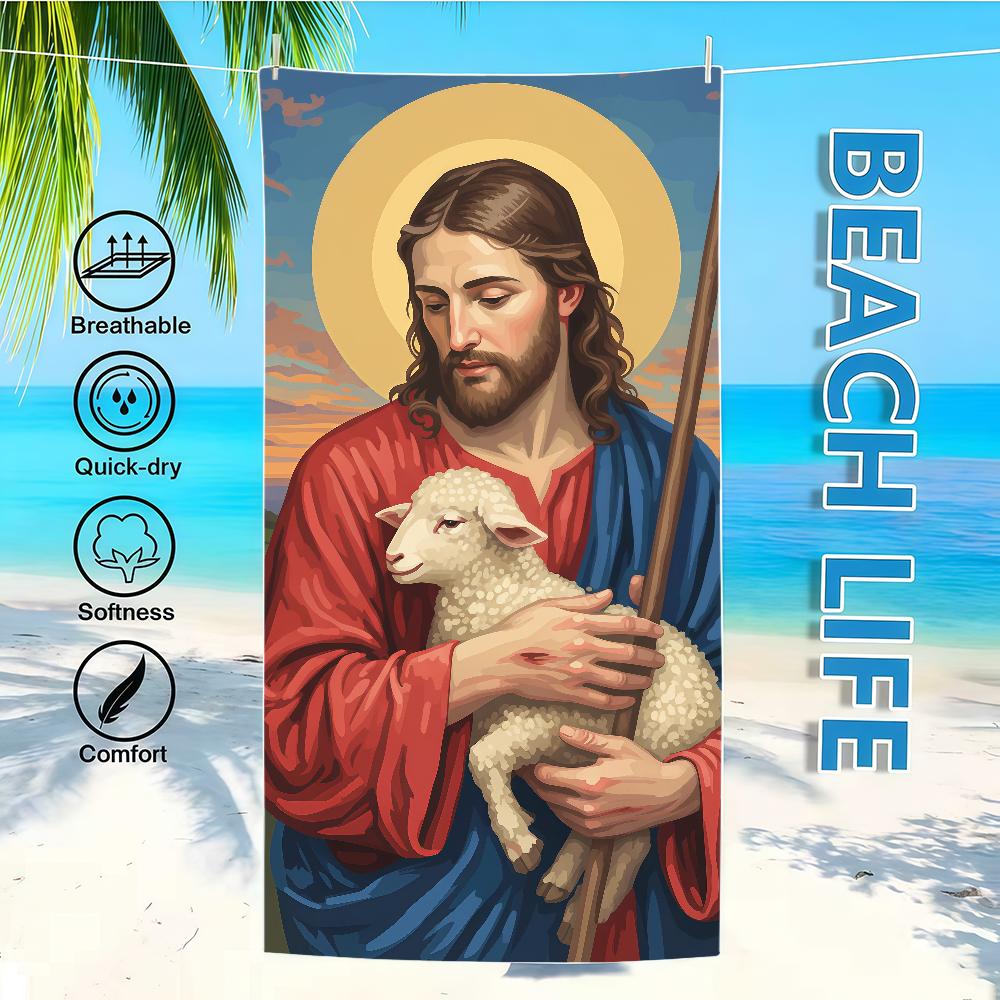 

Christ Towel Textile Lamb Bathrobe Jesus Beach Quick-Drying Shepherd Lightweight Portable Camping Swim Pool Travel W40*H60(CM)