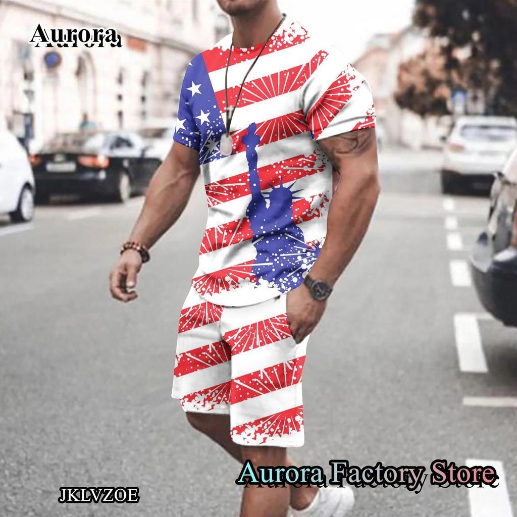 Men Summer Fashion Tracksuit 2 Pieces T-Shirt Shorts Casual Outfit Set Male 3D American Flag Printed  Clothing Oversized Suit