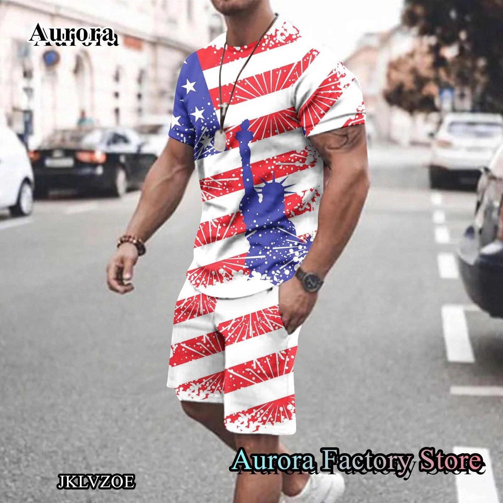 

Мужской летний модный спортивный костюм, комплект из 2 предметов, футболка, шорты, повседневный комплект одежды, мужской костюм с 3D принтом американского флага, костюм оверсайз XXL