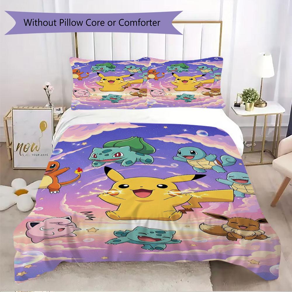 Set di biancheria da letto con stampa Pokémon da 3 pezzi include una copripiumino e una coppia di federe (riempimento non incluso), perfetto per l'uso in camera da letto.