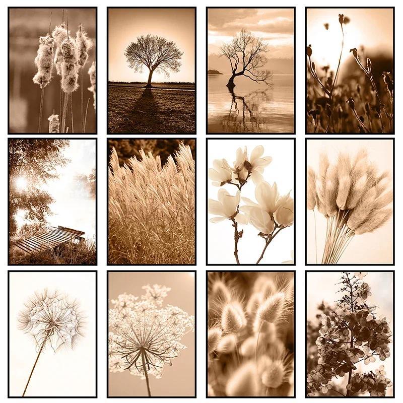 Canvas Painting Autumn Natural Poster Sunset Tree House Grass Reed Wheat Wall Art Print Pictures Living Room Home Decor