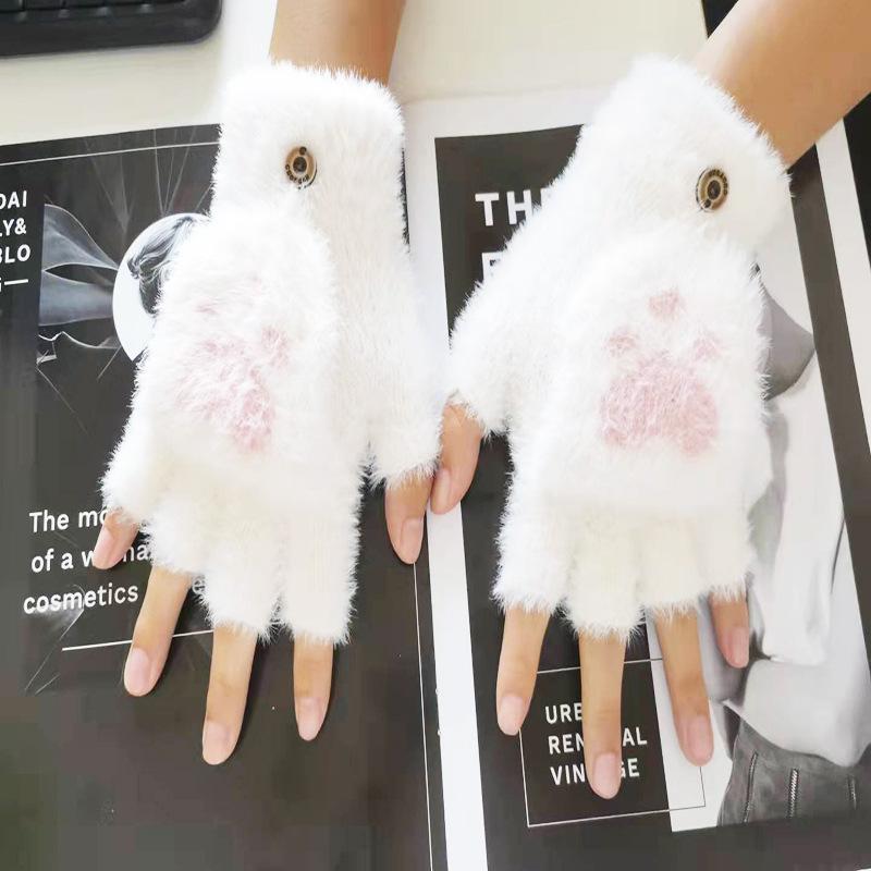 Bear Paw Mink Cat Half Finger Flip Gloves Student Women Cute Plush Winter Writing Office Warm Gloves