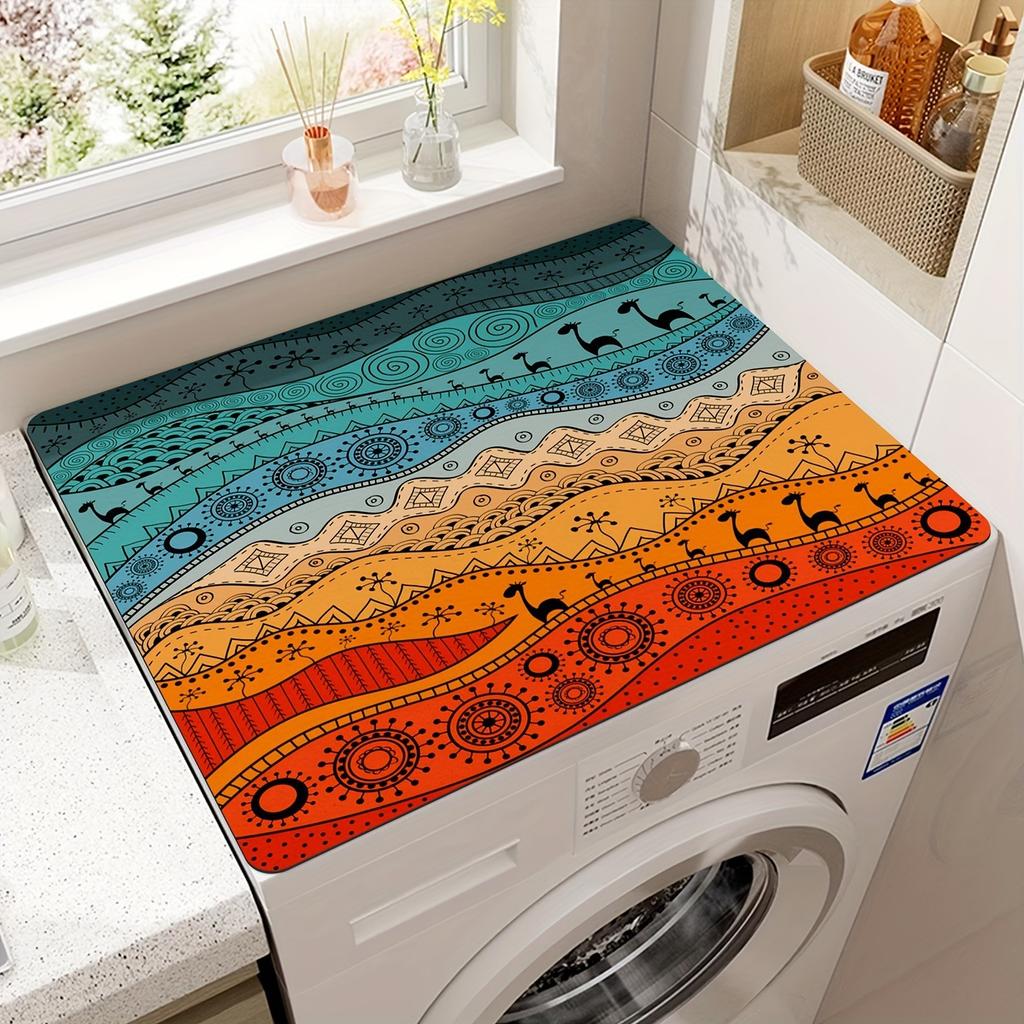 50X60cm Vintage rutete trykt vaskemaskin støvdekselpute, hurtigtørkende absorberende beskyttende toppmatte for vaskemaskin og tørketrommel