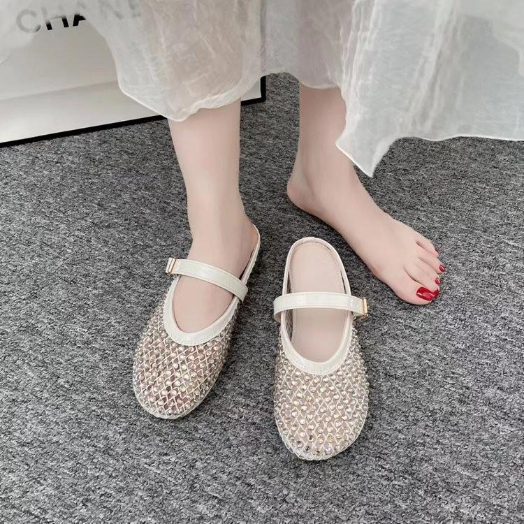 Premium sense rhinestone Mary Jane bag head half slippers women's 2025 new summer wear half tray single shoes French sandals