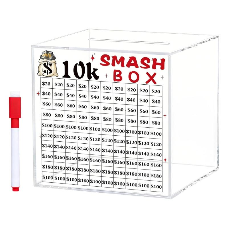 10K/20K Smash Box Money Saving Challenge,Clear Acrylic Piggy Banks Break To Open Cash Vaults,Cash and Coin Collection Box