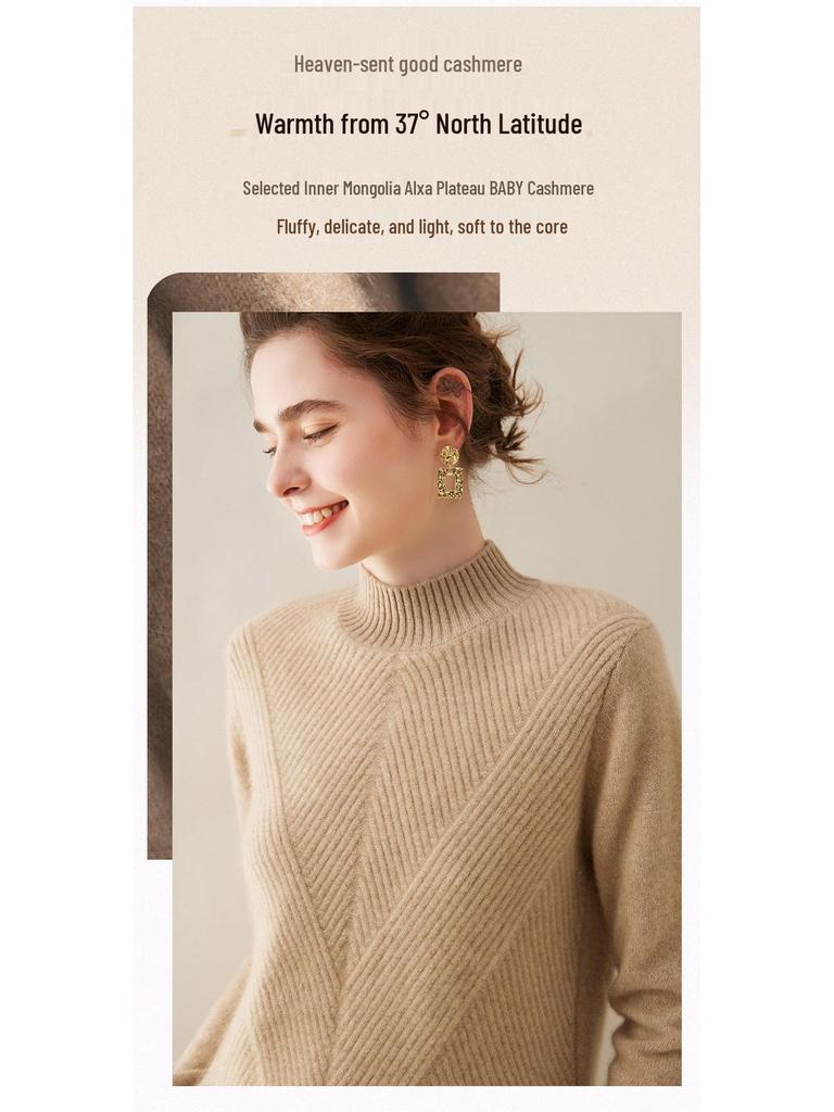 Women's Pure Cashmere Semi-High Neck Solid Color Thick Pullover Sweater for Autumn and Winter