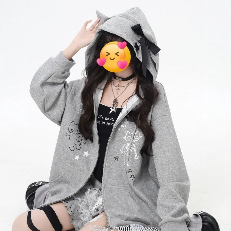 Subculture Wear Skull Cat Ears Hooded Jacket Women Autumn and Winter Fleece Loose Casual Lazy Grey Sweater Women
