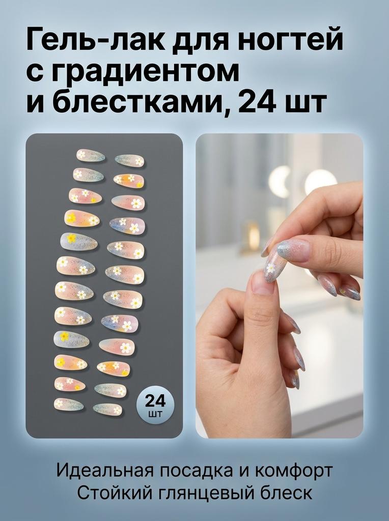 Colored Gradient Glitter Flower Glossy Tear-drop Press-On Nails 24 Pieces Resin Material Comfortable Fit
