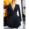 Women's V Neck Long Sleeve Mini Dress Slim Fit Mid Waist Elegant Pleated Knit Short Dress For European American Women