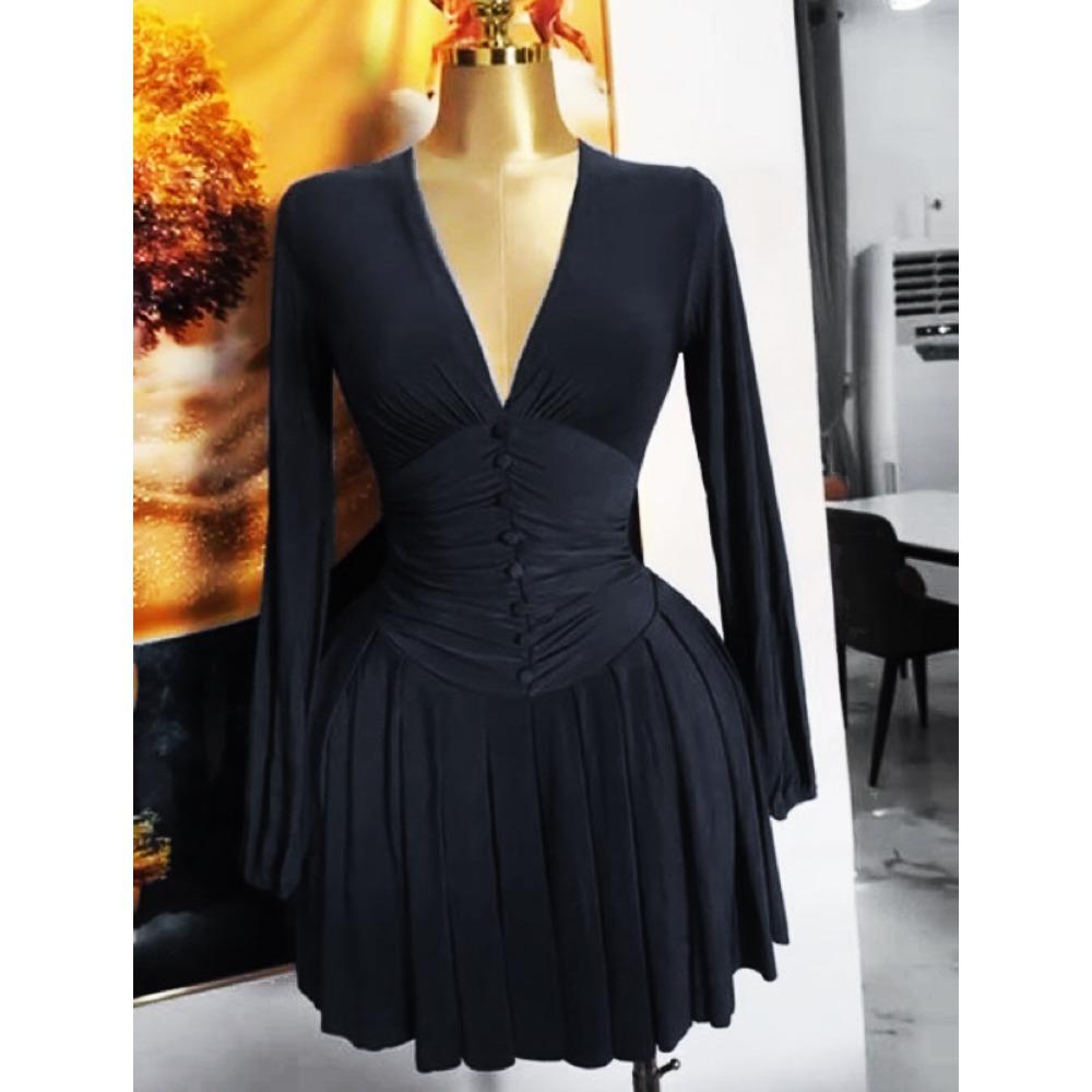Women's V Neck Long Sleeve Mini Dress Slim Fit Mid Waist Elegant Pleated Knit Short Dress For European American Women