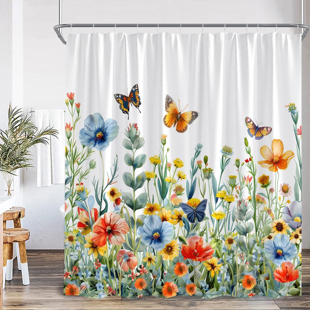 Butterfly Floral Shower Curtain Flower Plant Pink Purple Teal Butterflies Bathroom Decor Elegant Modern Polyester Bath Curtain
