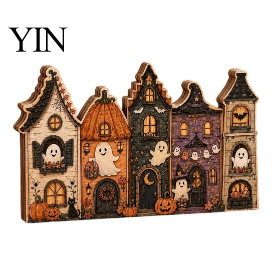 Rustikální podzimní středové dekorace stolu Halloween Retro strašidelná vesnice Dřevěná dekorace na stolní desku, Podzimní statek Čarodějnice Americký venkovský styl Figurky