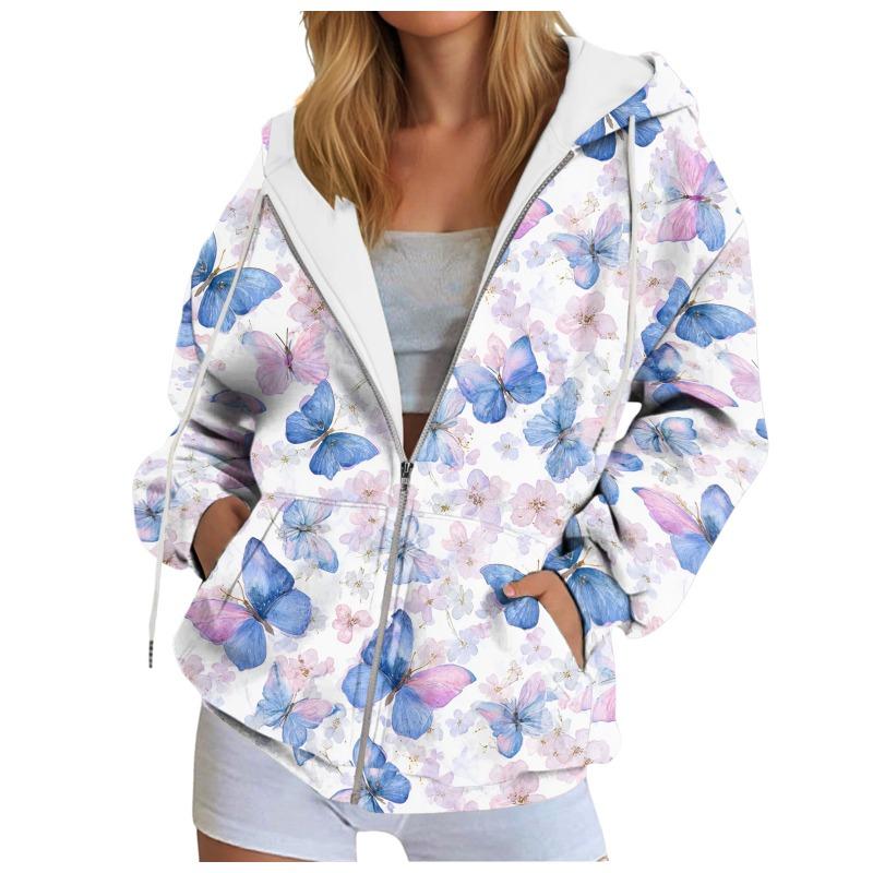 Damen Kapuzenpullover mit Schmetterlings-Grafik Herbst Reißverschluss Langarm Lockere Jacken Mäntel Streetwear Harajuku Lässige Kapuzenpullover