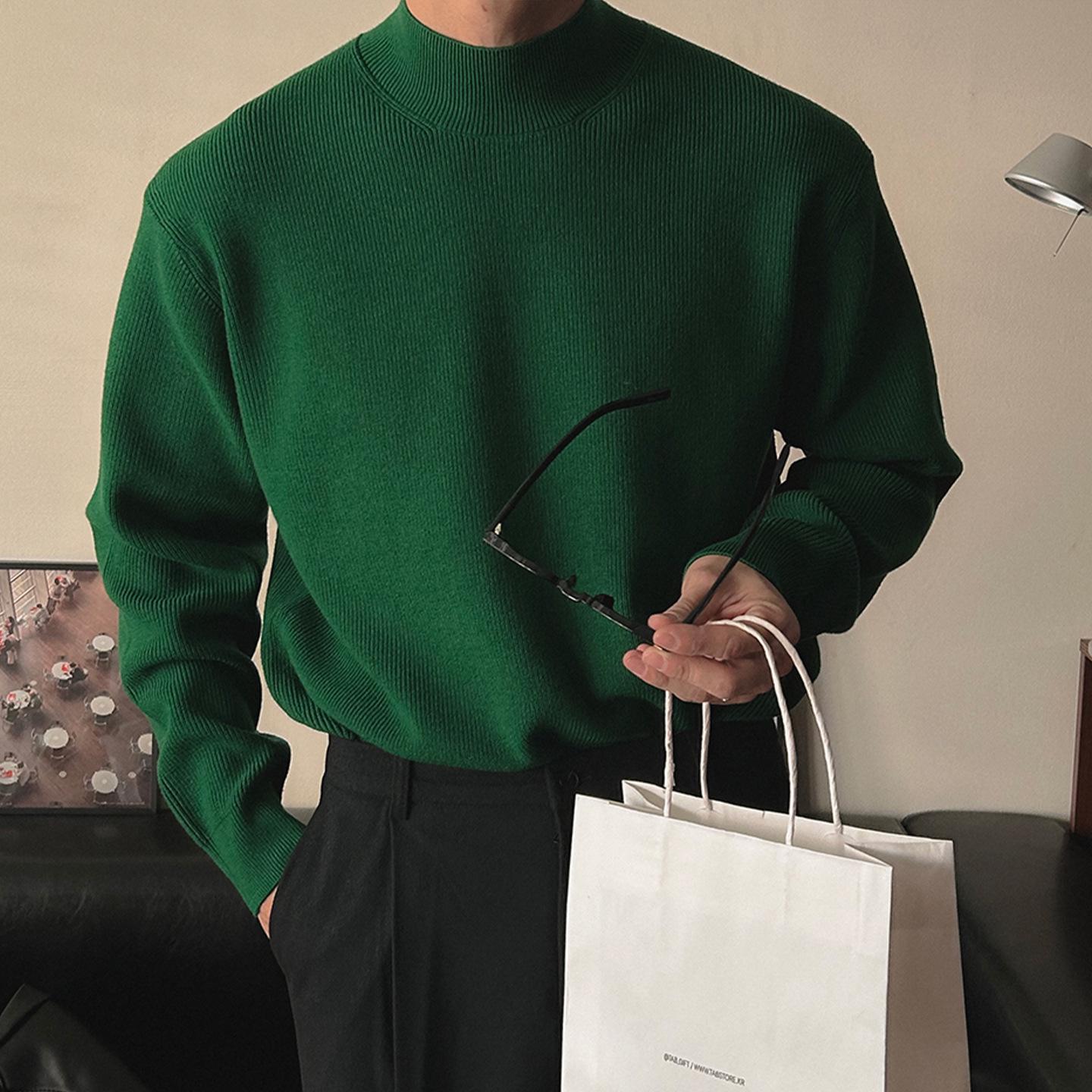 Мужской зеленый шерстяной вязаный свитер с высоким воротником - Осенне-зимний универсальный тренд M