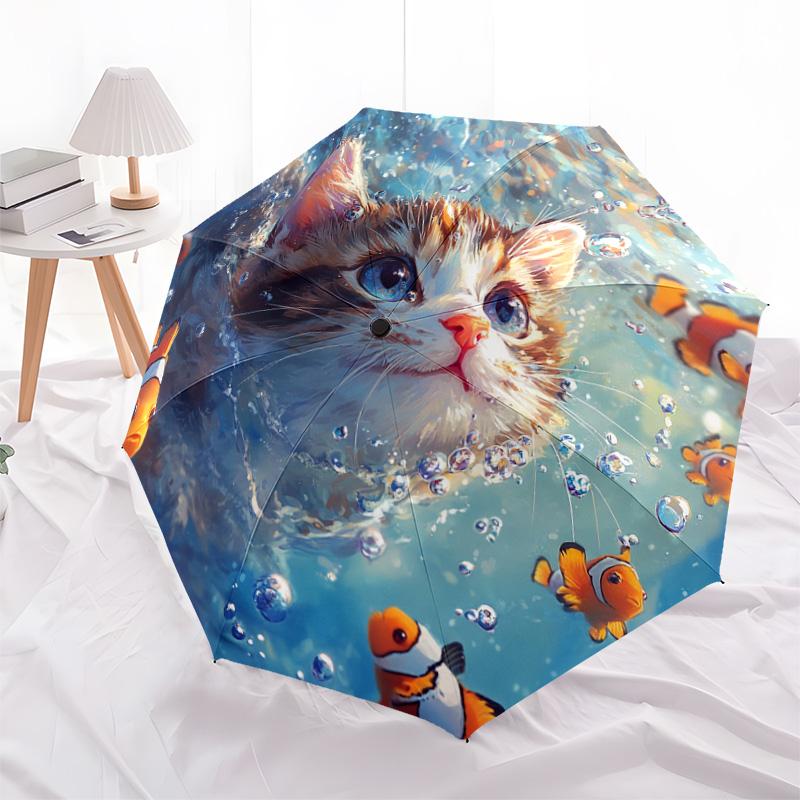 1 PC Automatic Folding Umbrella - Kitten Clownfish Pattern, Portable & Foldable Design with 8 Ribs, Christmas Birthday Gifts